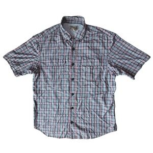 Duluth Trading Co Mens Plaid‎ Short Sleeve Button Down Shirt Black Gray Red M